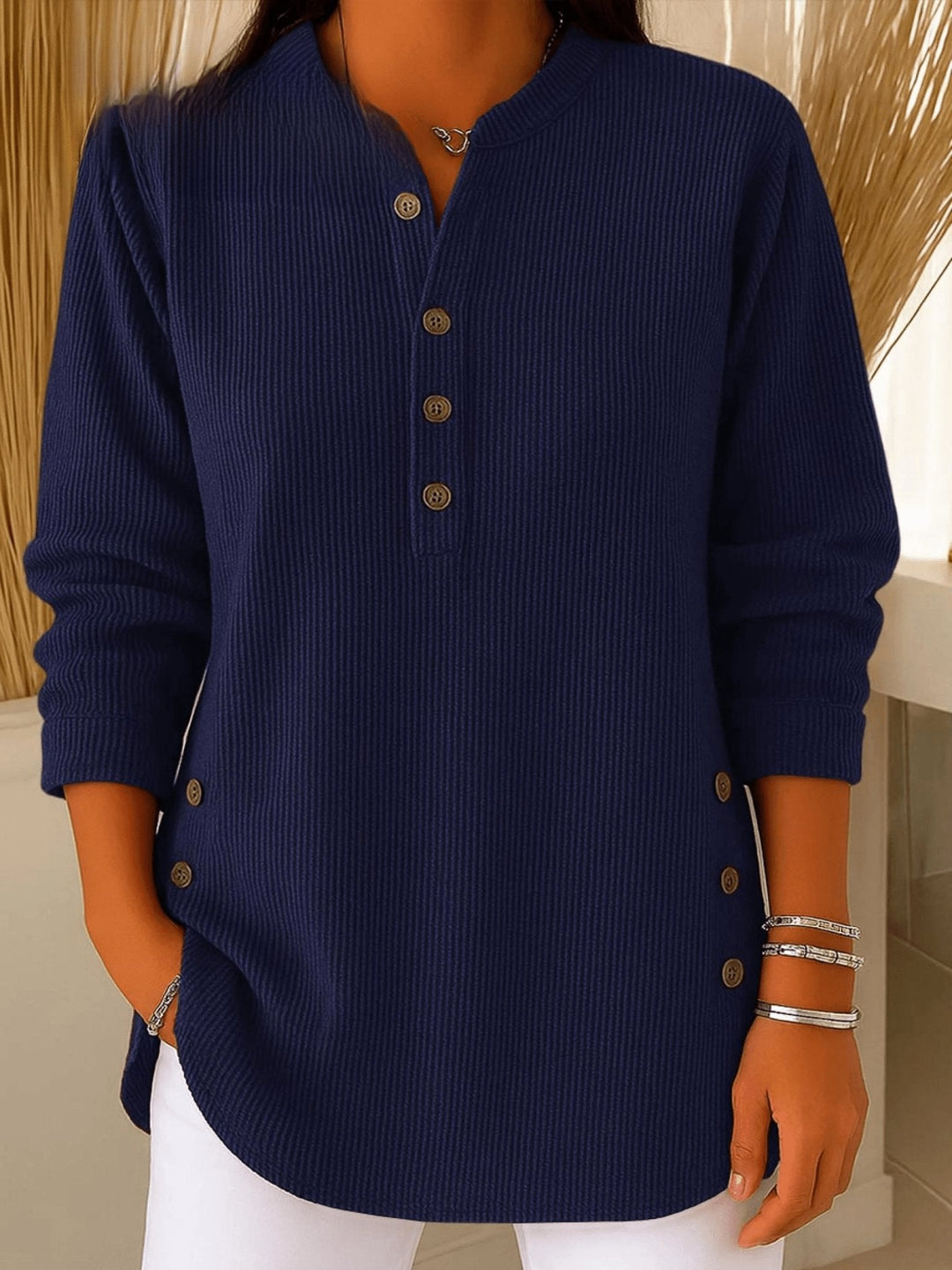 Romina - Women's Ribbed Henley Tunic with Curved Hem