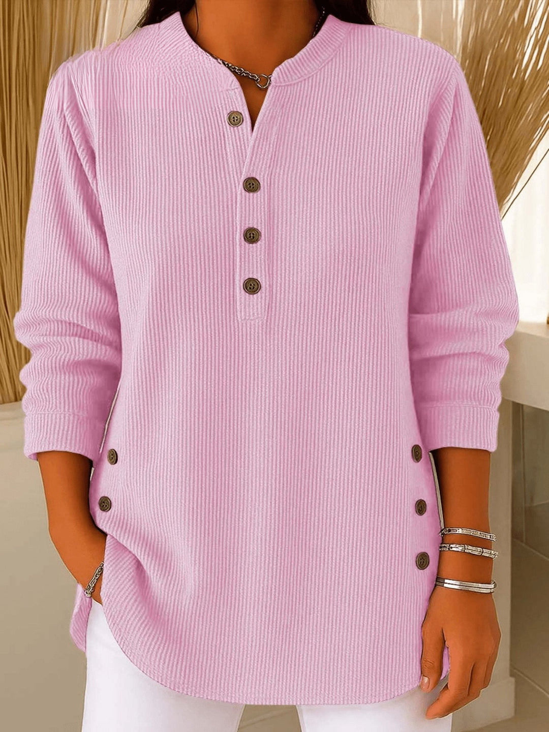 Romina - Women's Ribbed Henley Tunic with Curved Hem