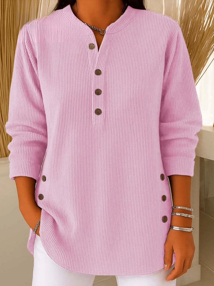 Romina - Women's Ribbed Henley Tunic with Curved Hem