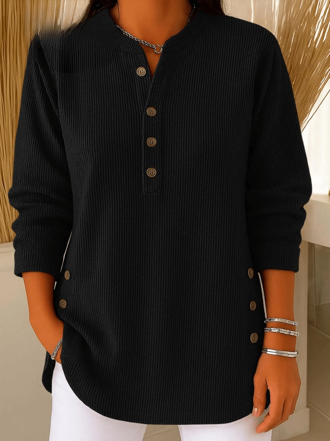 Romina - Women's Ribbed Henley Tunic with Curved Hem