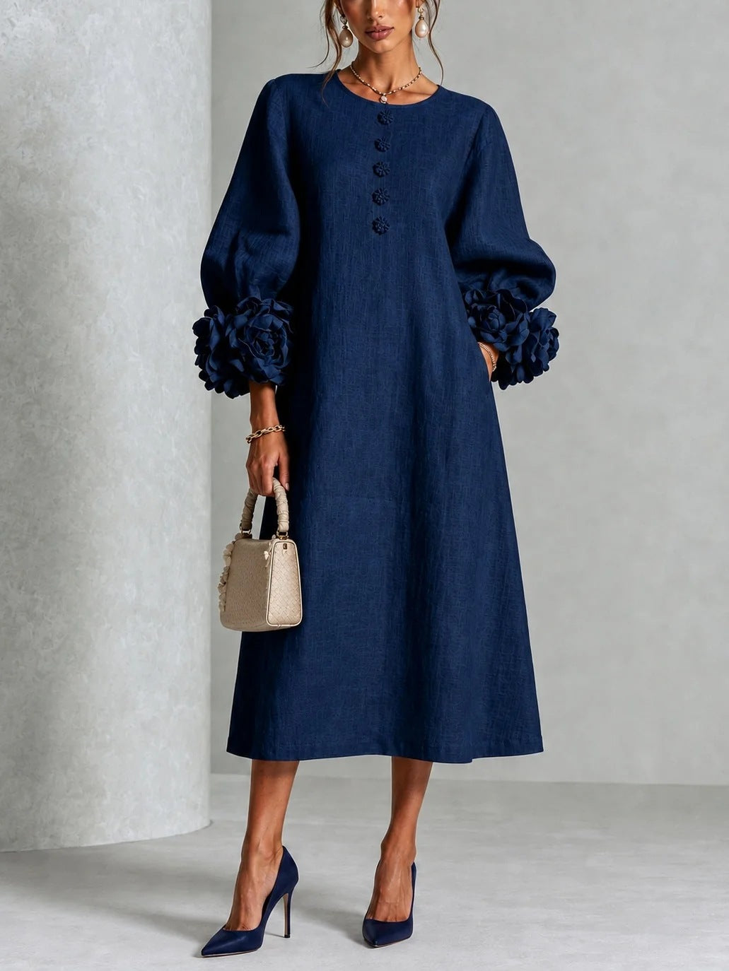 Rosalie - Women's Flower Detail Long Sleeve Midi Dress 1