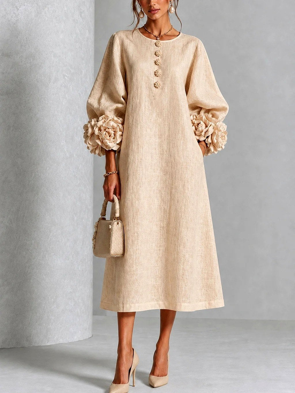 Rosalie - Women's Flower Detail Long Sleeve Midi Dress 3