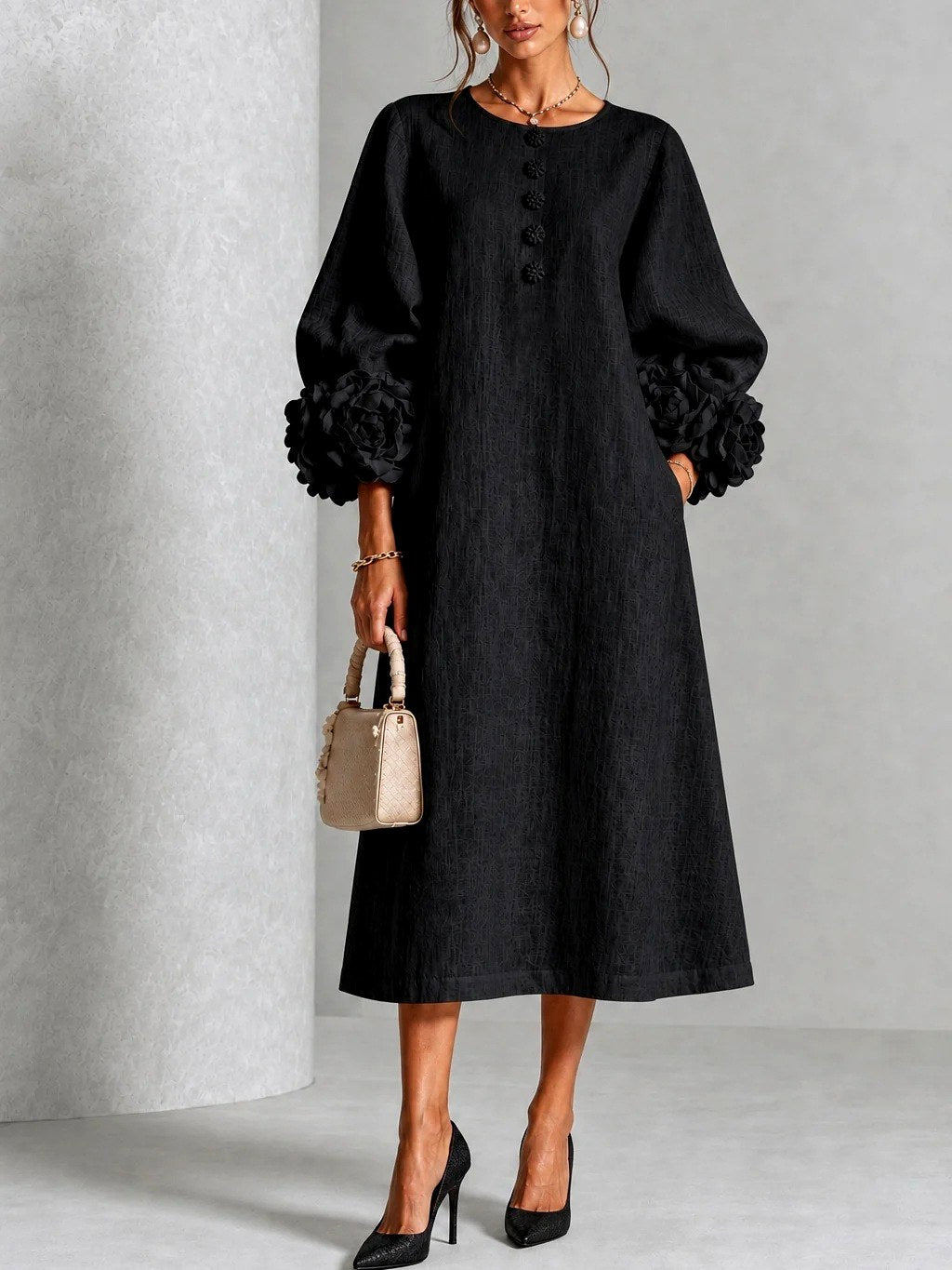 Rosalie - Women's Flower Detail Long Sleeve Midi Dress 4