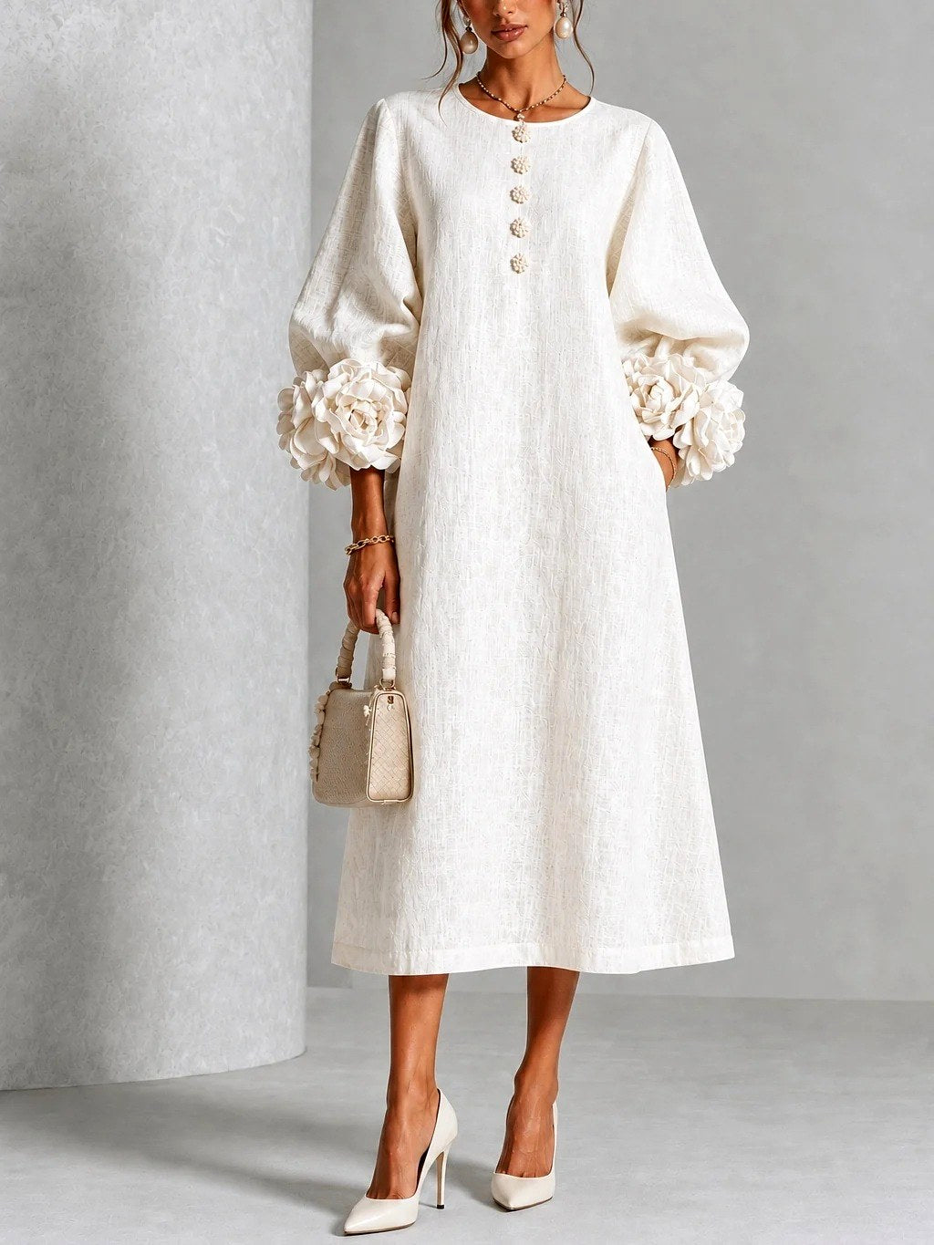 Rosalie - Women's Flower Detail Long Sleeve Midi Dress 5