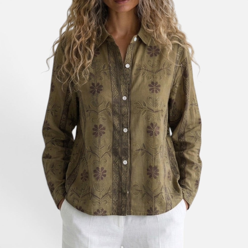 Rosalind - Women's Button-Front Blouse with Floral Print