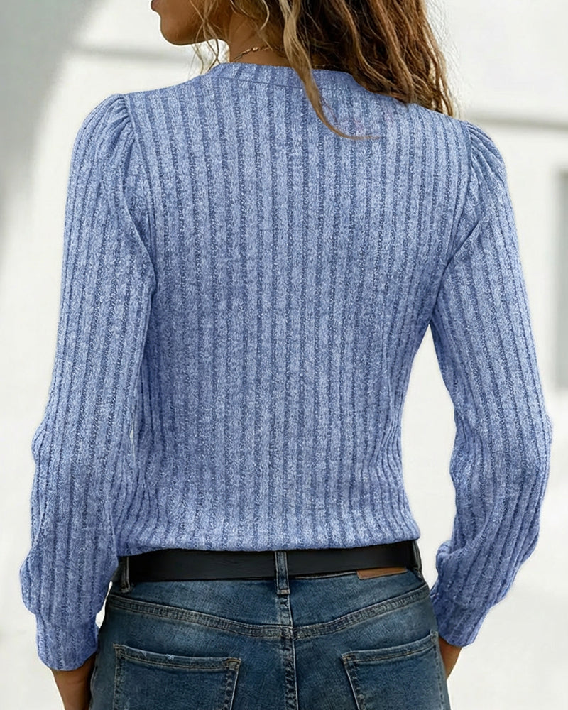 Rosalind - Women's Ribbed Knit Sweater with Asymmetrical V-Neck and Metallic Buttons