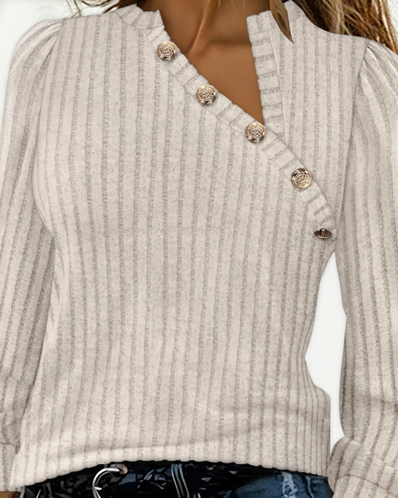 Rosalind - Women's Ribbed Knit Sweater with Asymmetrical V-Neck and Metallic Buttons