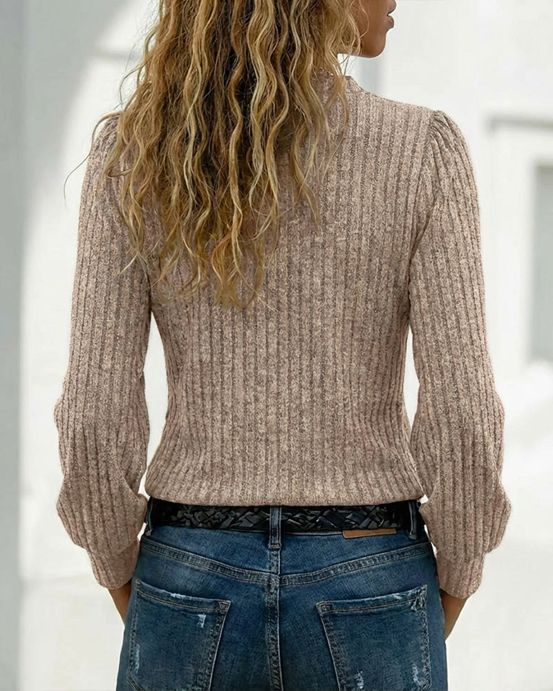 Rosalind - Women's Ribbed Knit Sweater with Asymmetrical V-Neck and Metallic Buttons