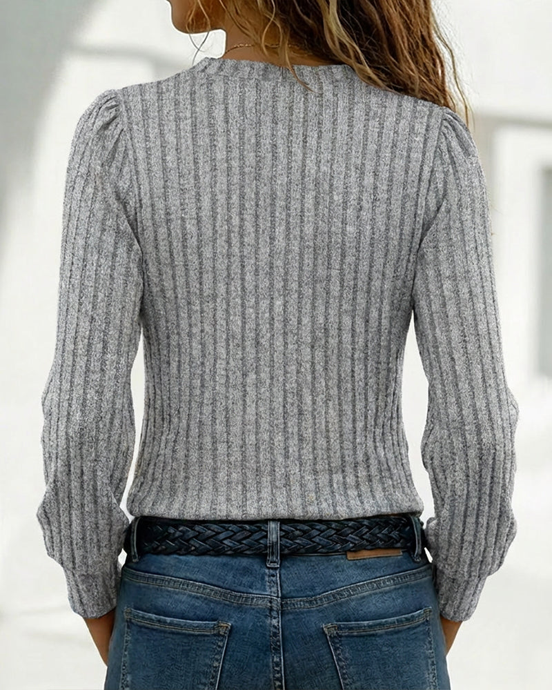 Rosalind - Women's Ribbed Knit Sweater with Asymmetrical V-Neck and Metallic Buttons