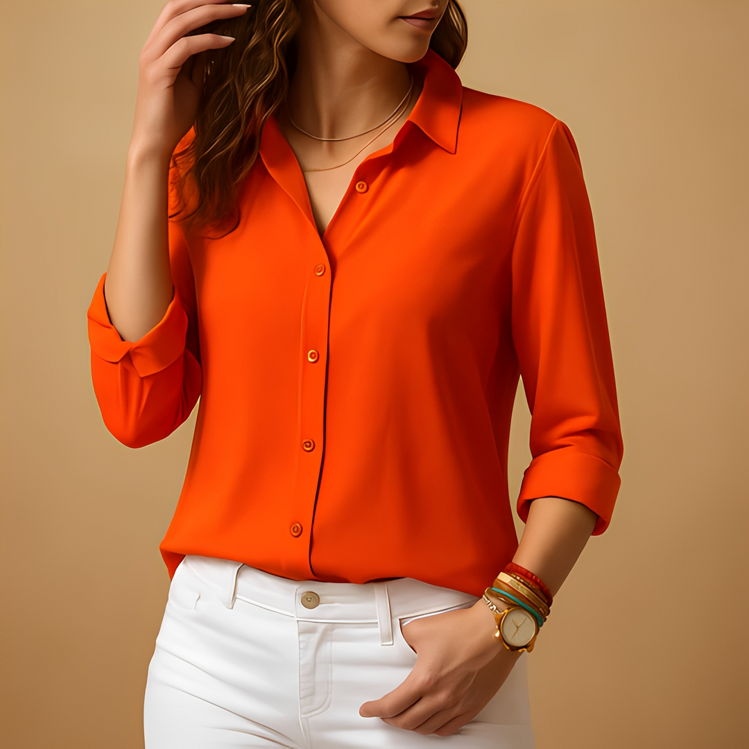 Rosanna - Women's Collared Long-Sleeve Blouse with V-Neckline