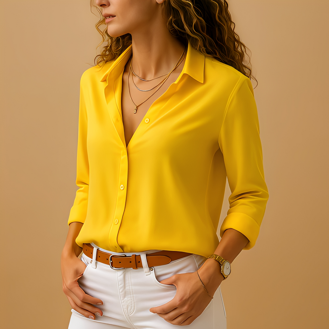 Rosanna - Women's Collared Long-Sleeve Blouse with V-Neckline