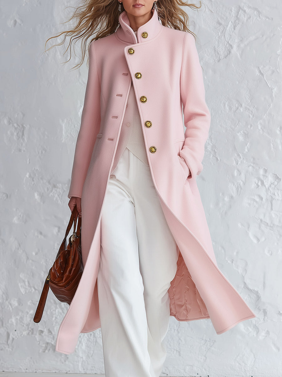 Rosemary - Women's Pink Stand-Collar Wool-Blend Coat with Single-Breasted Buttons