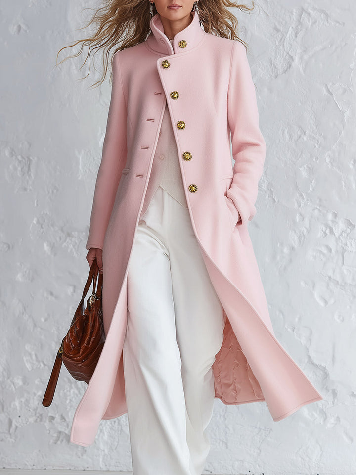 Rosemary - Women's Pink Stand-Collar Wool-Blend Coat with Single-Breasted Buttons
