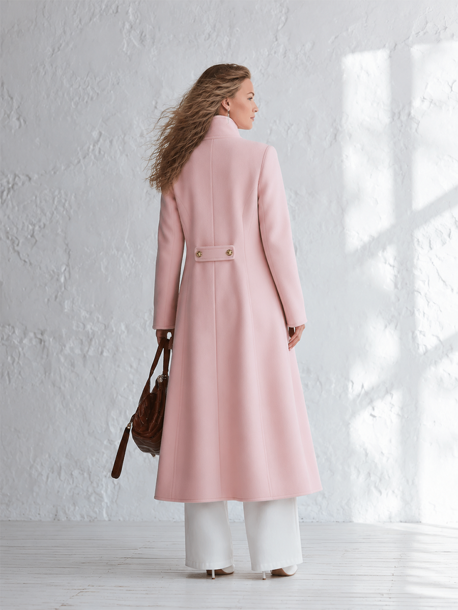 Rosemary - Women's Pink Stand-Collar Wool-Blend Coat with Single-Breasted Buttons