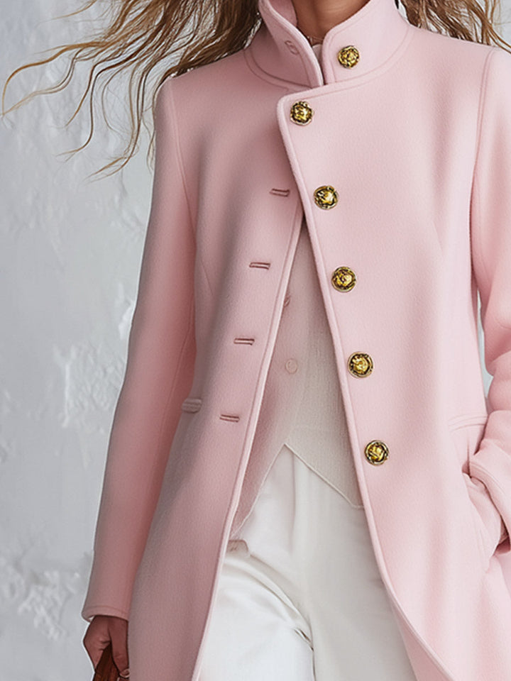 Rosemary - Women's Pink Stand-Collar Wool-Blend Coat with Single-Breasted Buttons