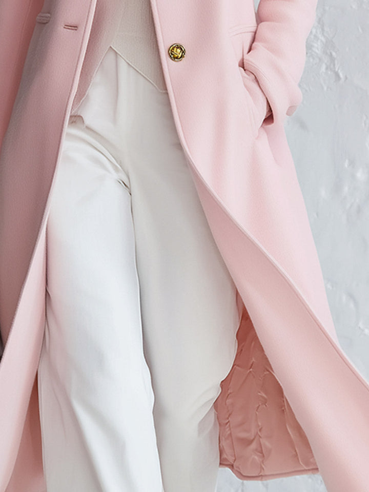 Rosemary - Women's Pink Stand-Collar Wool-Blend Coat with Single-Breasted Buttons