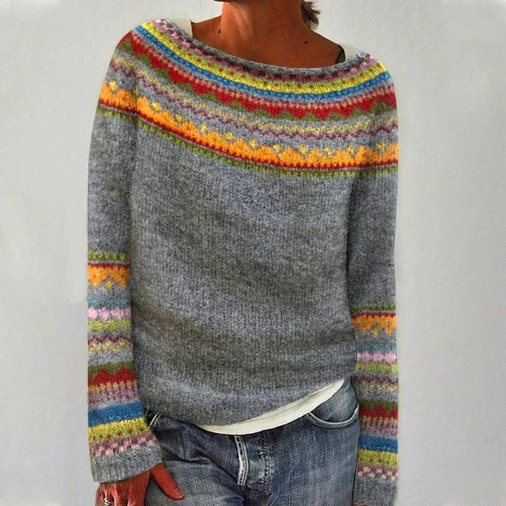 Rosie - Women's Fair Isle Knit Sweater with Striped Sleeves