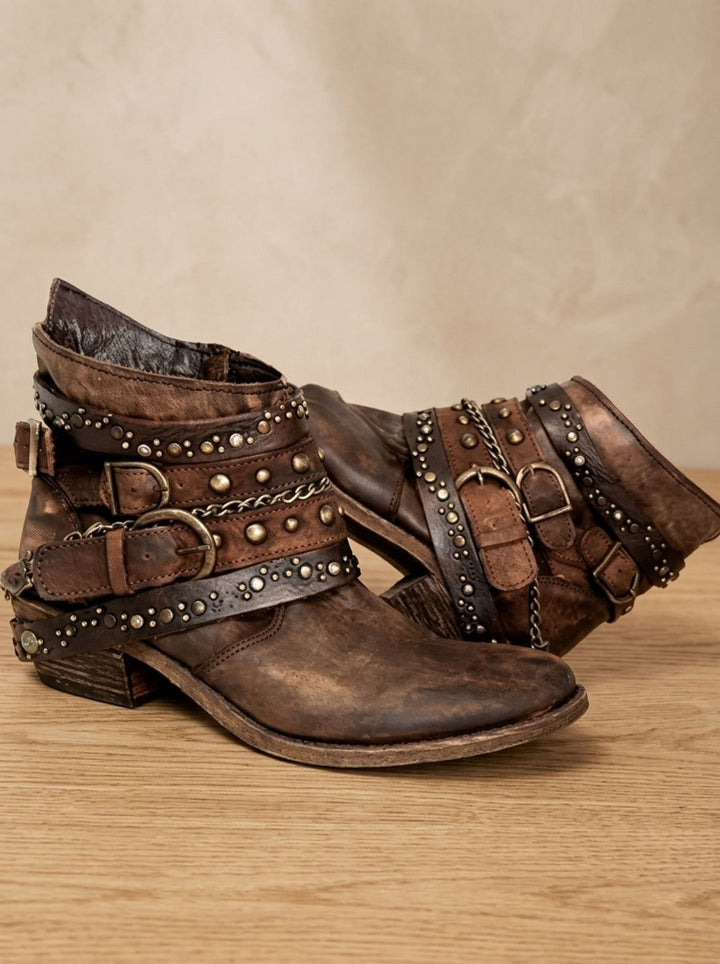 Sachna - Women's Vintage Multi-Buckle Studded Ankle Boots
