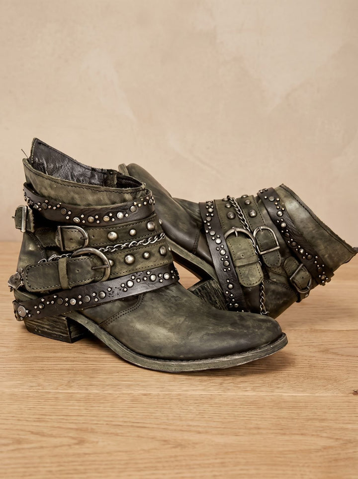 Sachna - Women's Vintage Multi-Buckle Studded Ankle Boots