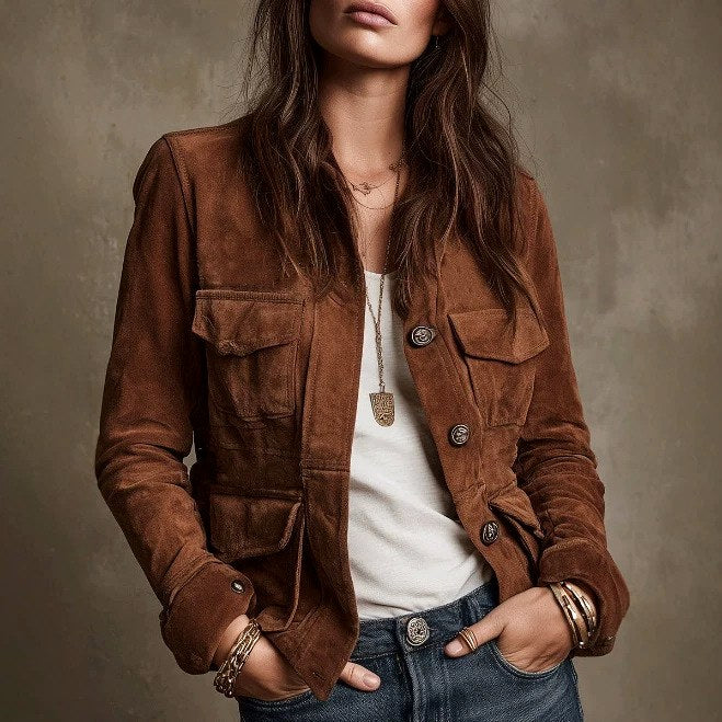 Sadie - Women's Faux Suede Multi-Pocket Utility Jacket 1