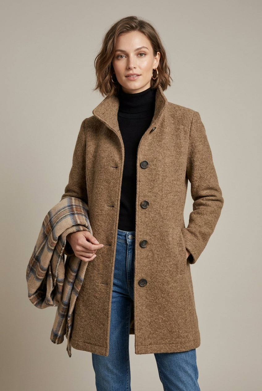Salma - Women's Single-Breasted Wool Blend Coat with Notch Collar