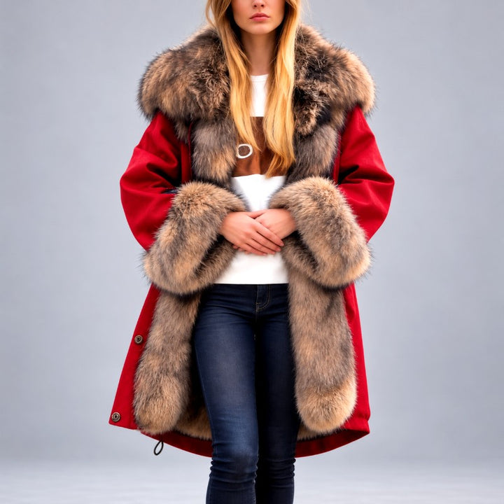 Samantha - Women's Long Coat with Faux Fur Trim 1