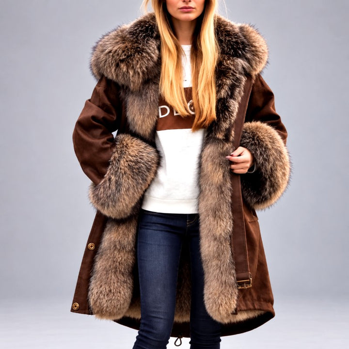 Samantha - Women's Long Coat with Faux Fur Trim 2