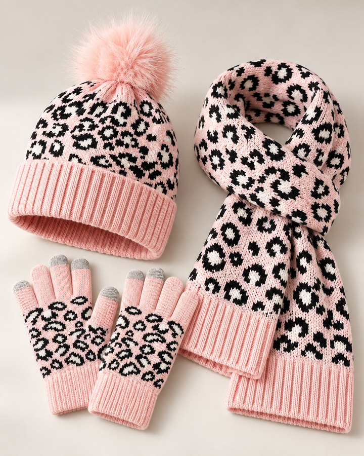 Sarah - Women's Leopard Knit Bobble Hat, Scarf & Gloves Set