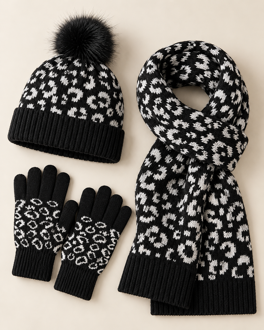Sarah - Women's Leopard Knit Bobble Hat, Scarf & Gloves Set