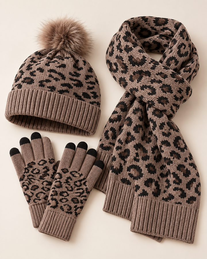 Sarah - Women's Leopard Knit Bobble Hat, Scarf & Gloves Set