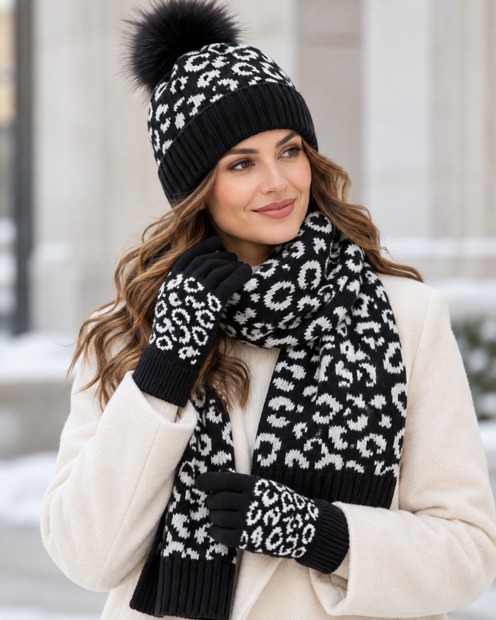 Sarah - Women's Leopard Knit Bobble Hat, Scarf & Gloves Set