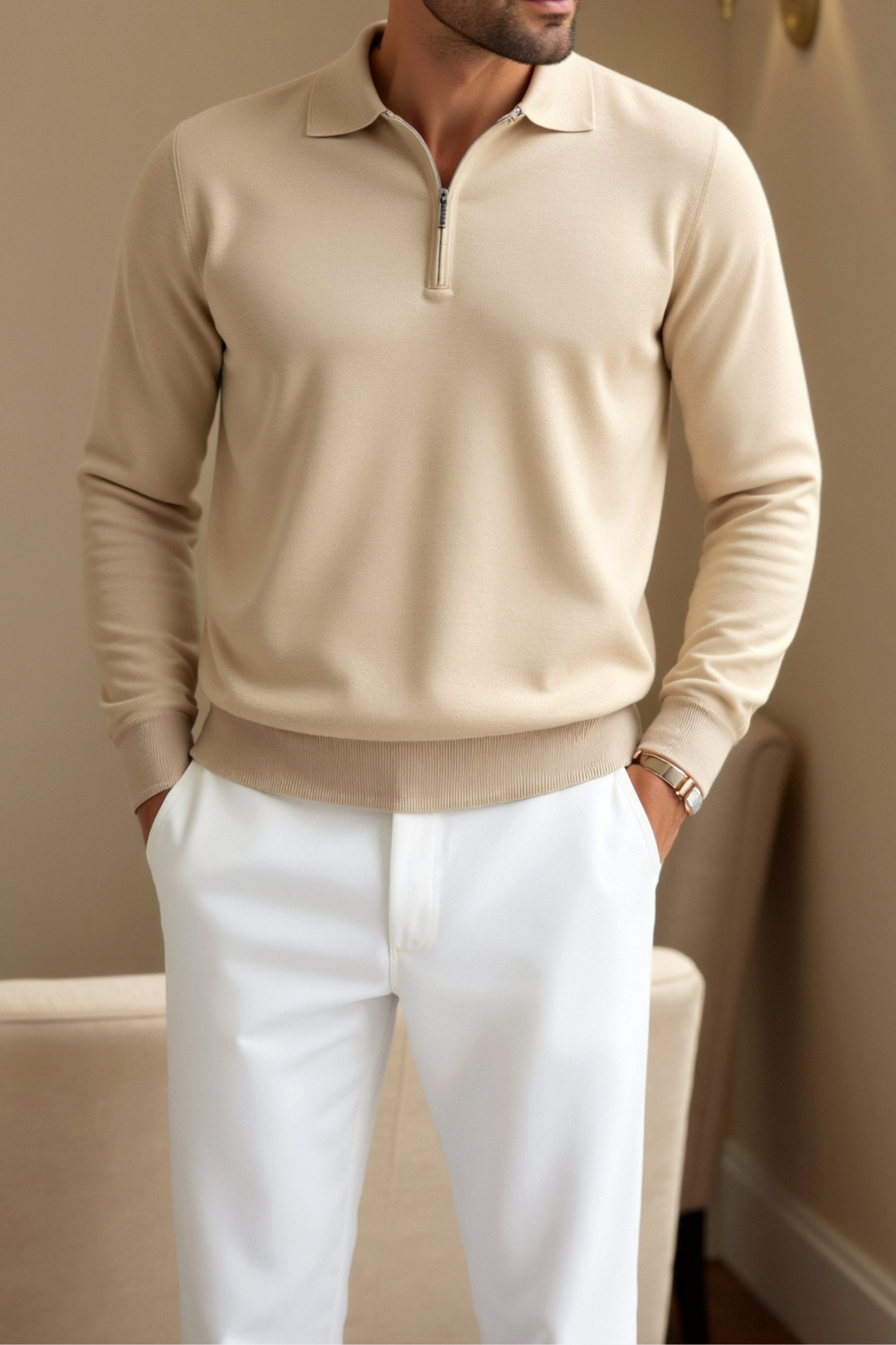 Sebastian - Men's Quarter-Zip Long-Sleeve Polo with Turndown Collar