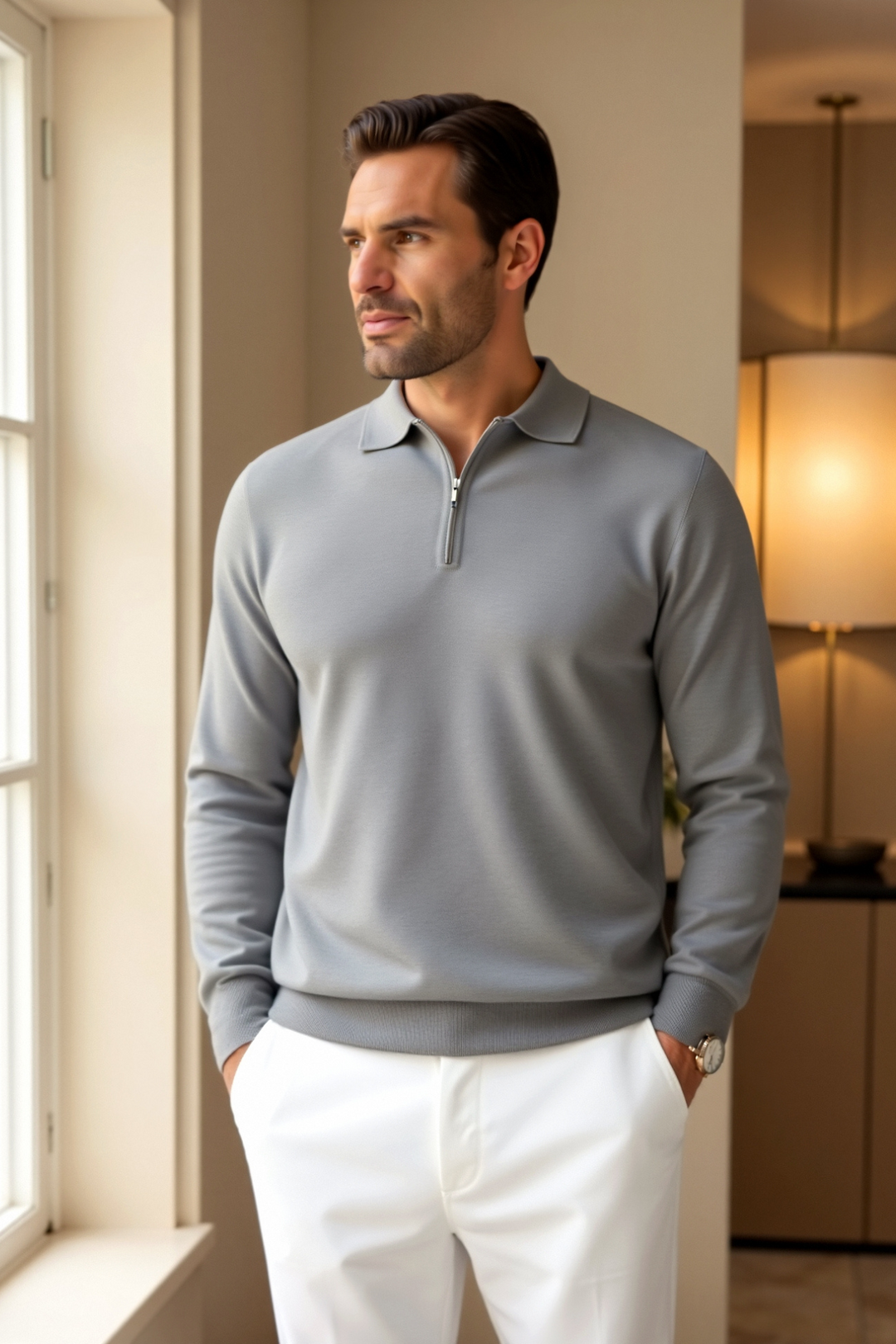 Sebastian - Men's Quarter-Zip Long-Sleeve Polo with Turndown Collar