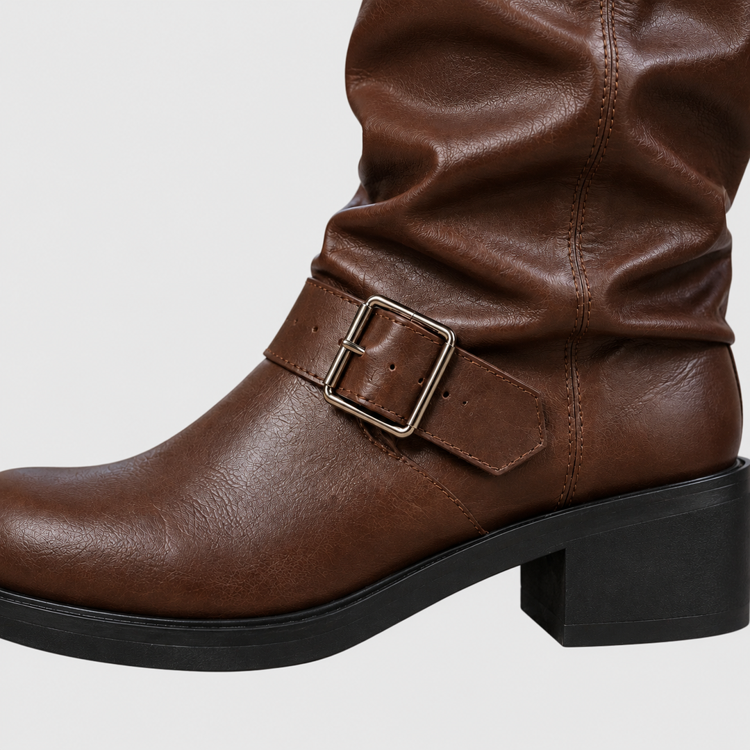 Selene  - Women's Buckled Knee-High Boots with Slouched Shaft