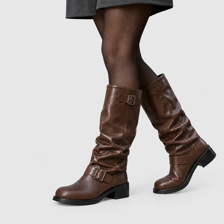 Selene  - Women's Buckled Knee-High Boots with Slouched Shaft