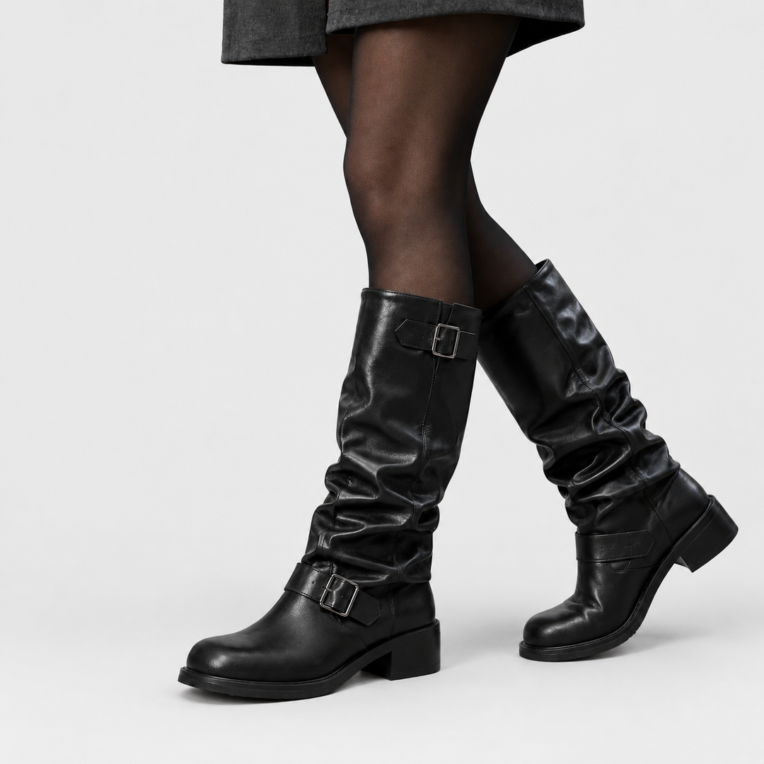 Selene  - Women's Buckled Knee-High Boots with Slouched Shaft