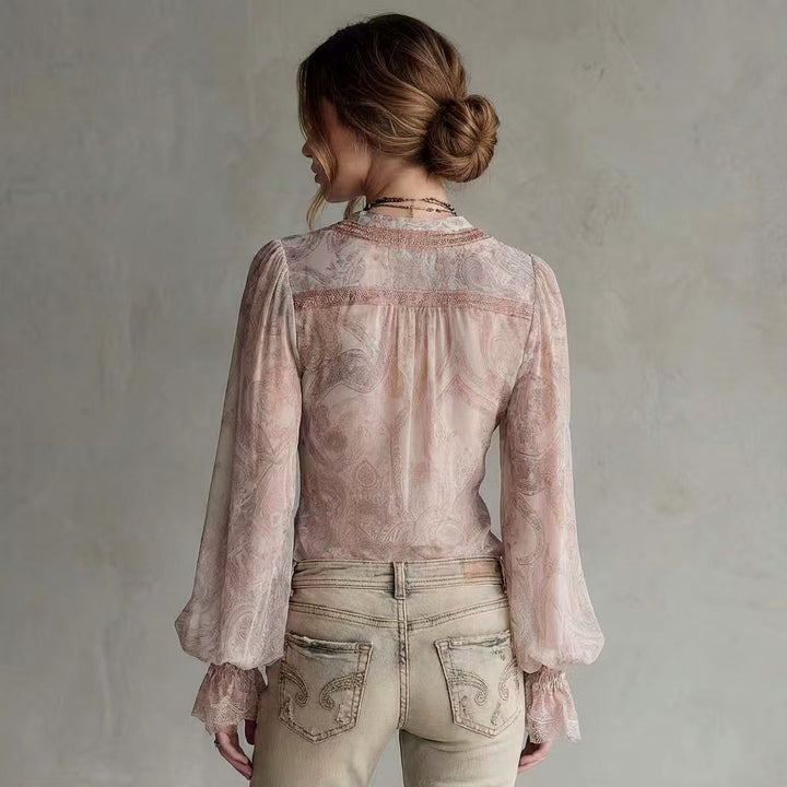 Serena - Women's Vintage Paisley V-Neck Ruffle Cuff Blouse 3