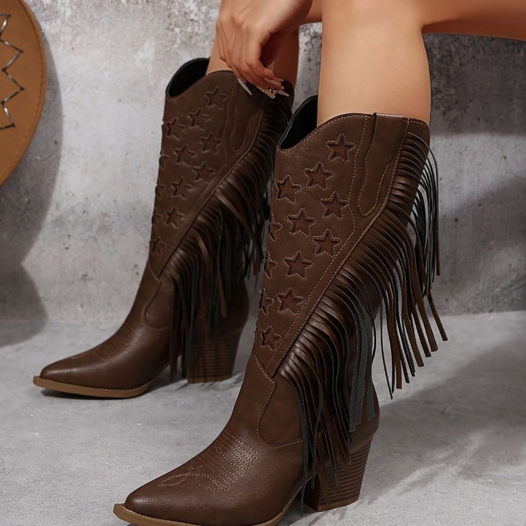 Shanie - Women's Star-Embroidered Fringe Western Boots