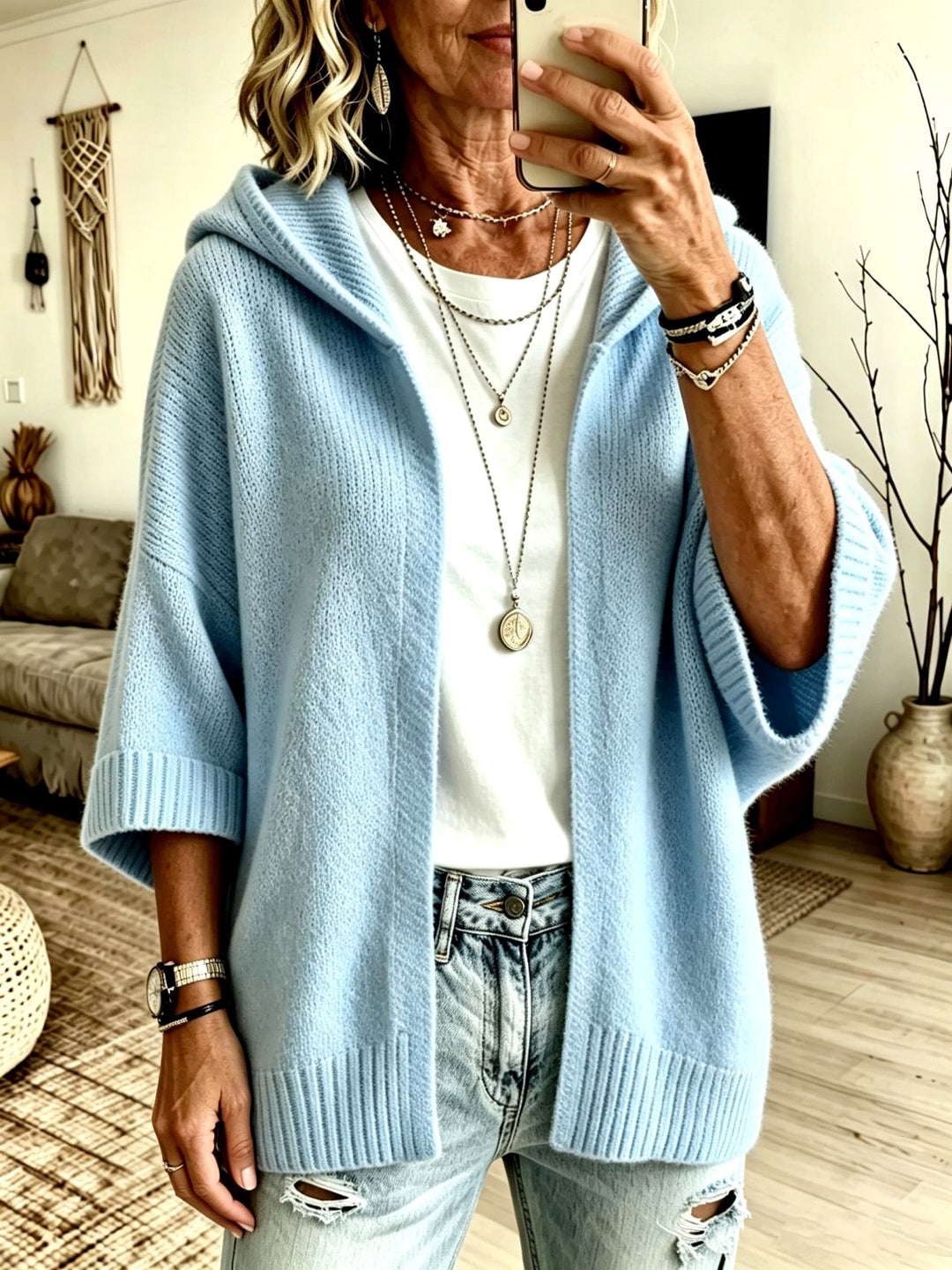 Shannon - Women's Relaxed Three-Quarter Sleeve Hooded Cardigan 5