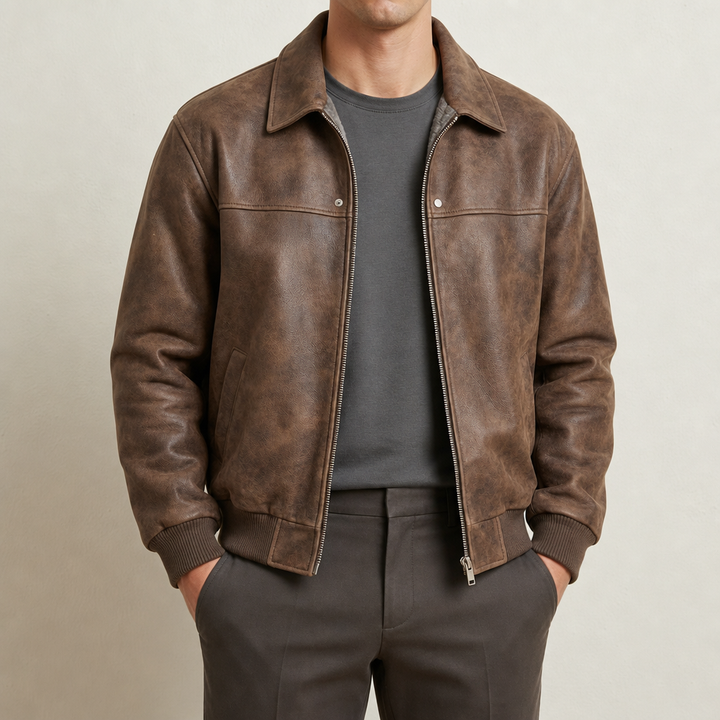 Silas - Men's Vintage Leather Bomber Jacket with Ribbed Trim