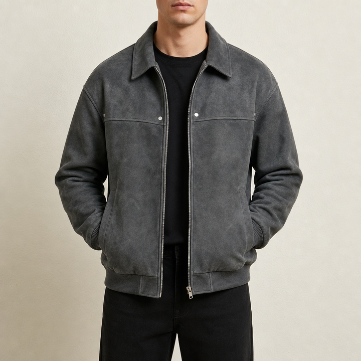 Silas - Men's Vintage Leather Bomber Jacket with Ribbed Trim