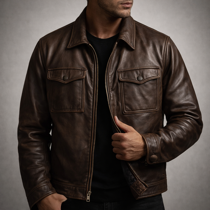 Silas - Men's Vintage Leather Jacket with Four-Pocket Design