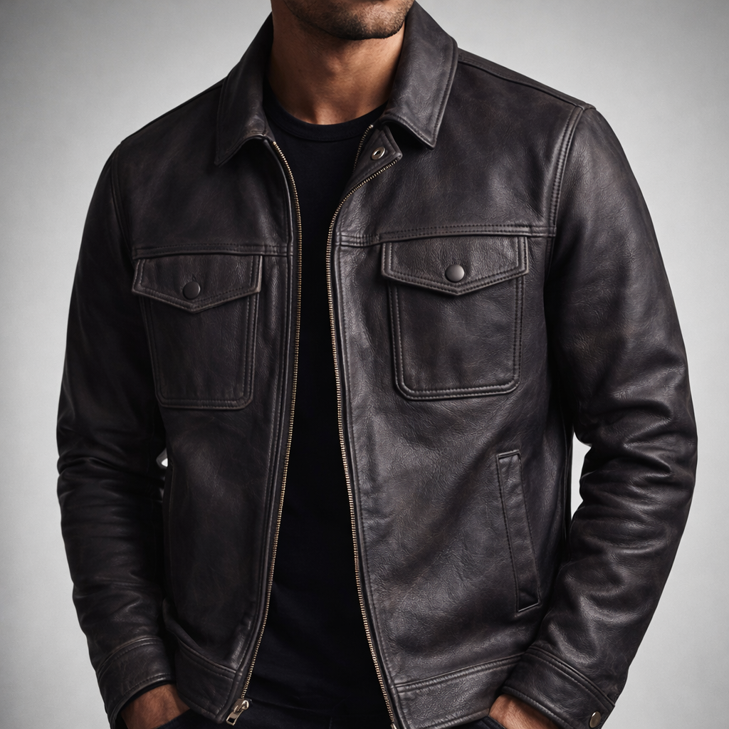 Silas - Men's Vintage Leather Jacket with Four-Pocket Design