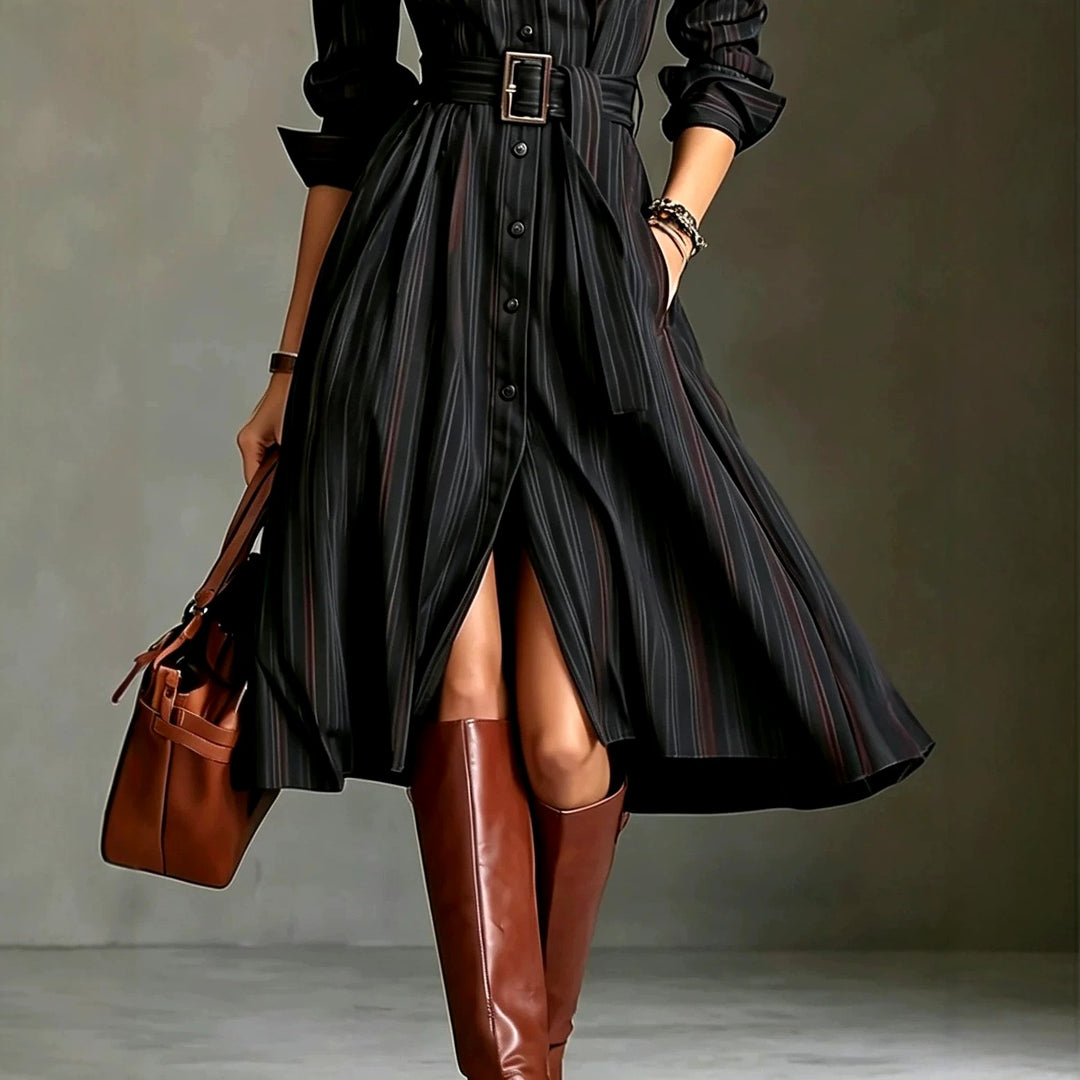 Simone - Women's Pinstripe Collared Shirt Maxi Dress 4