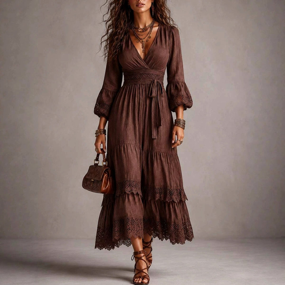 Sophia - Women's V-Neck Puff Sleeve Vacation Maxi Dress 1