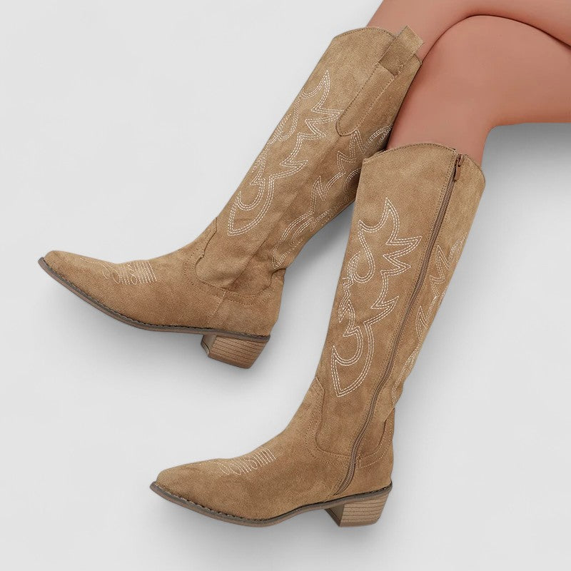 Tabara - Women's Suede Western Knee-High Boots with Stitched Detail