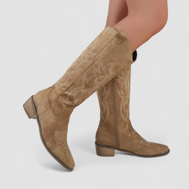 Tabara - Women's Suede Western Knee-High Boots with Stitched Detail