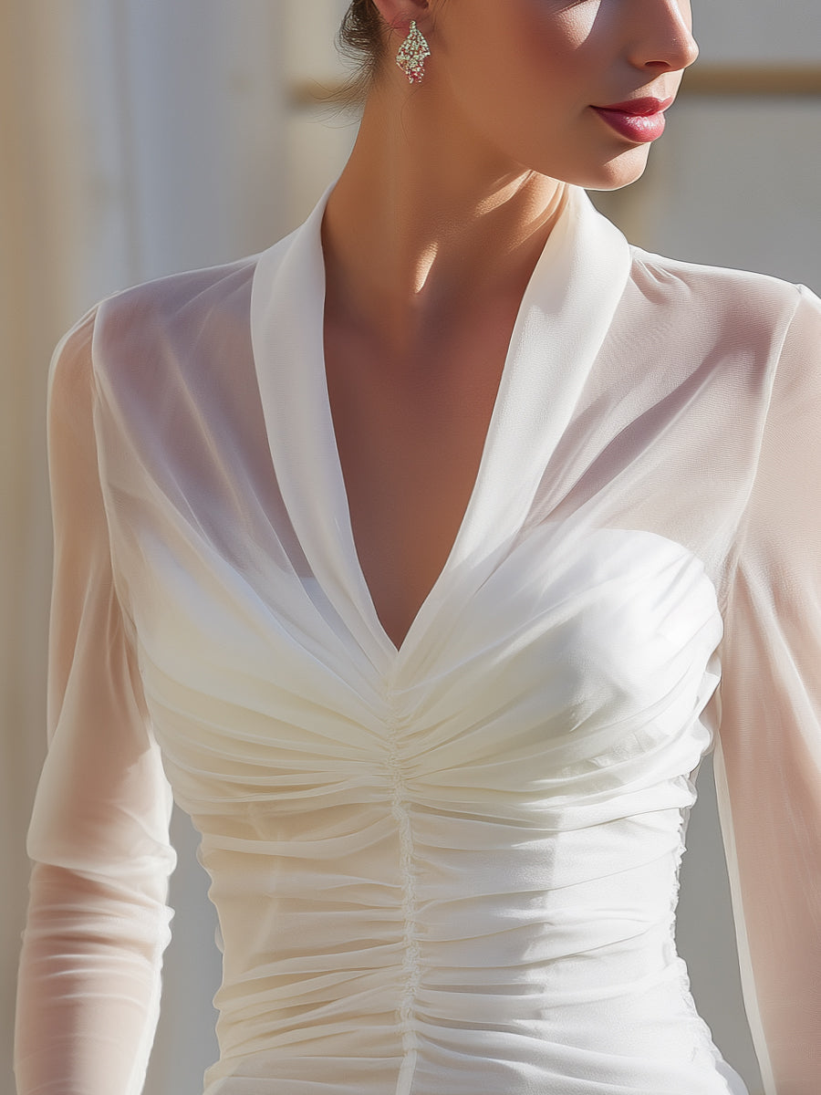 Tessa - Women's Sculpted Ruched Mesh Blouse with Deep V-Neckline