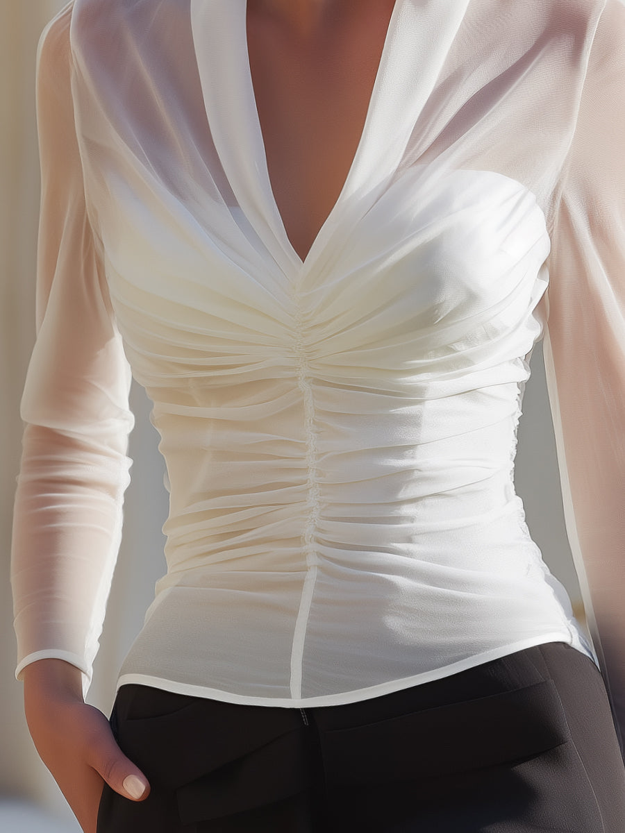 Tessa - Women's Sculpted Ruched Mesh Blouse with Deep V-Neckline