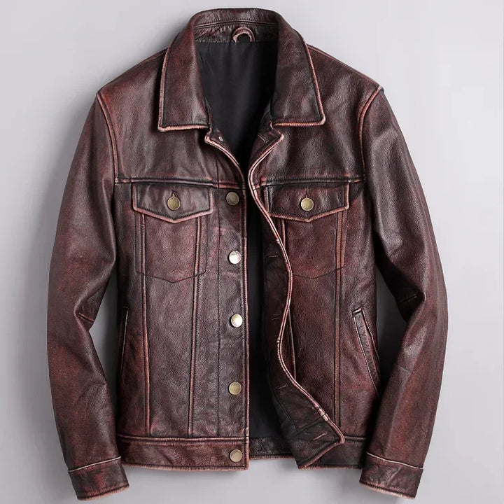 Thaddeus - Men's Distressed Leather Button-Front Jacket